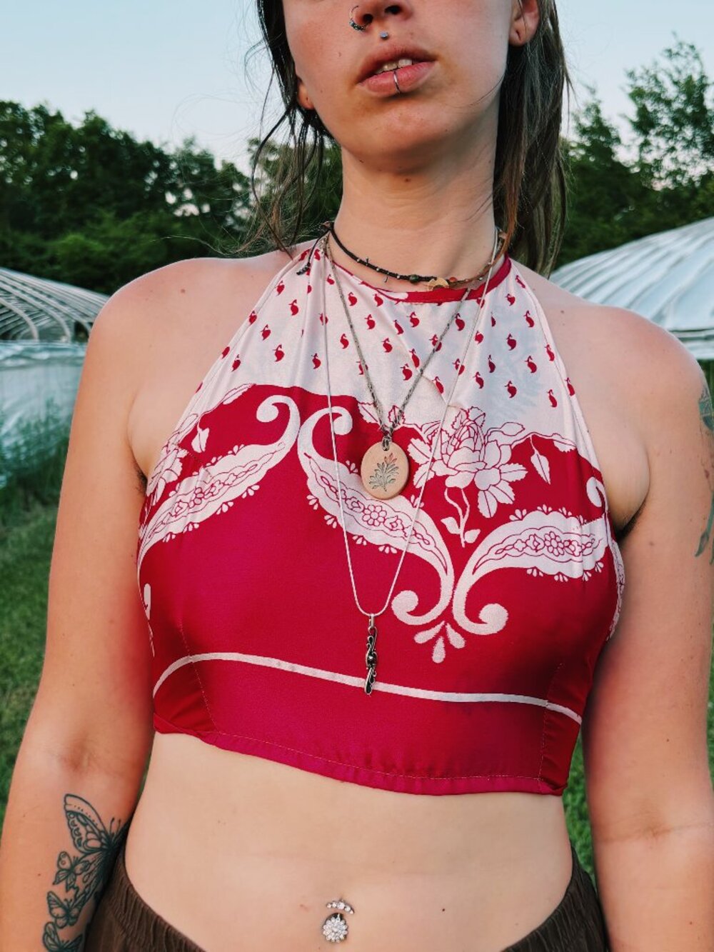 BOHO HINDI SILK BLEND COLORFUL PINK UPCYCLED HANDMADE SARI SCARF CROP TOP